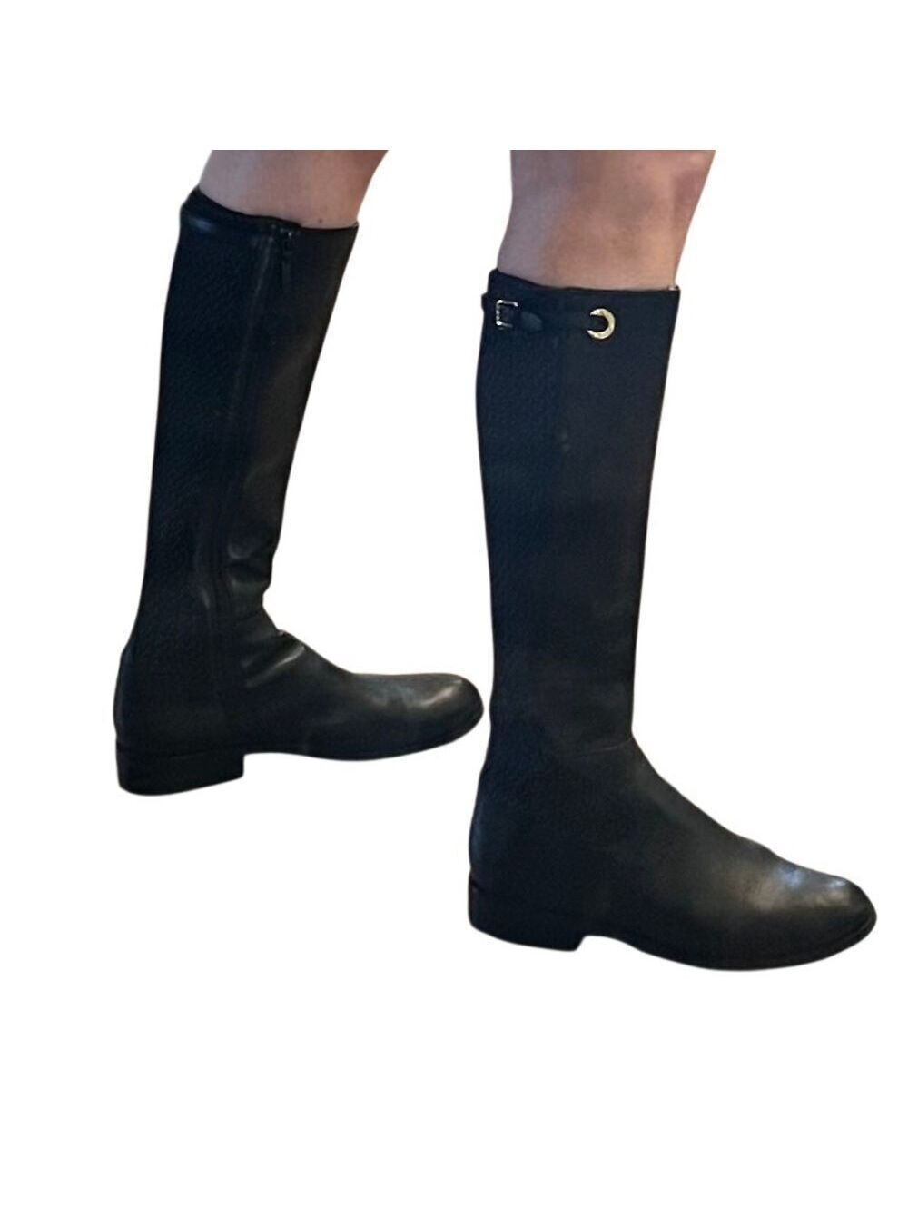 Cole Haan Riding Tall Boots Black Leather Knee High Zipper Stretch Goring 8.5